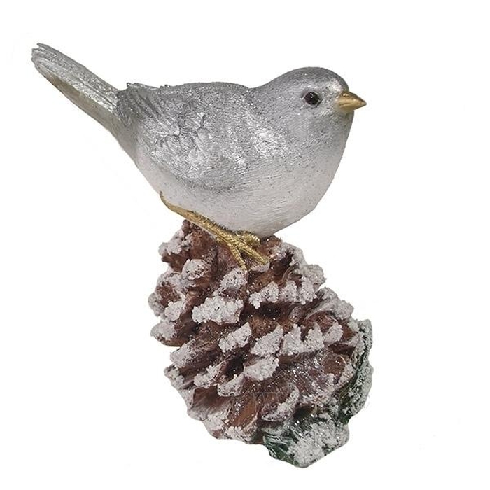 Фигурка декоративная Птичка на шишке, цвет серебряный