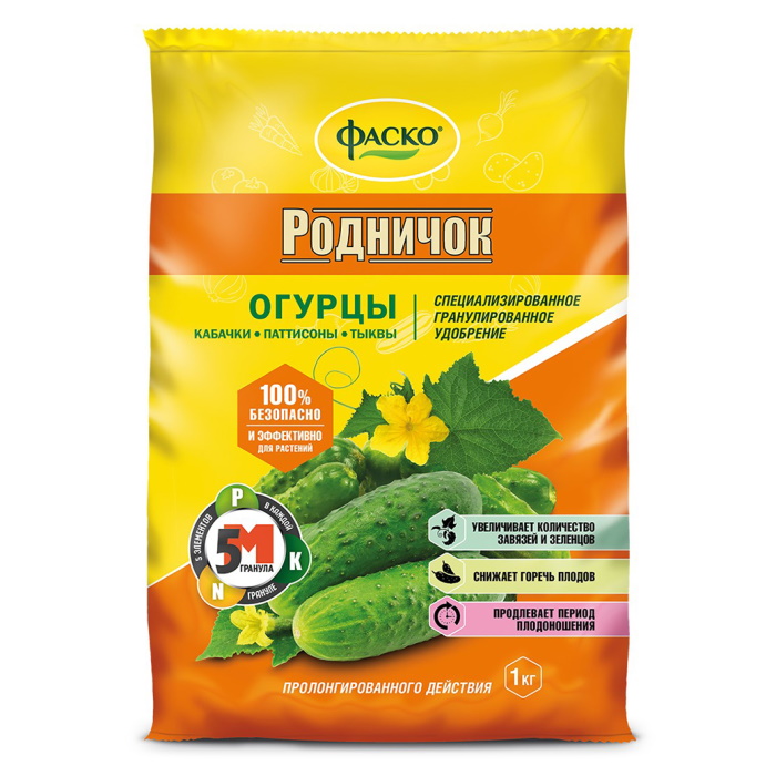 

Удобрение сухое 5М Родничок минеральное для огурцов гранулированное, 1 кг