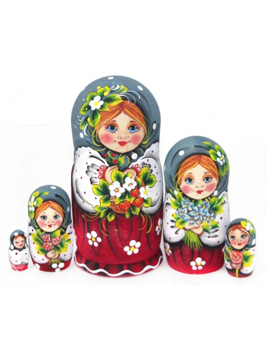 Матрешка Даша с земляникой, серо-бордовая, 14см