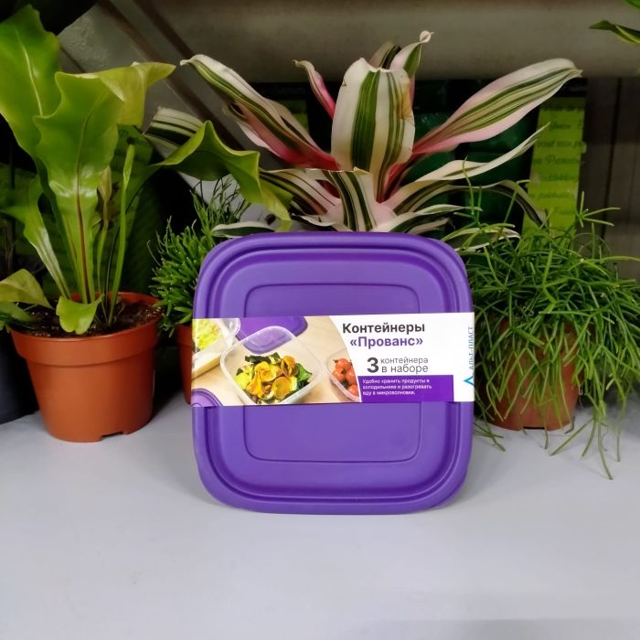 Набор контейнеров для продуктов Прованс №1 СВЧ, 3шт (0,6л; 1л; 1,7л) с фиолетовыми крышками